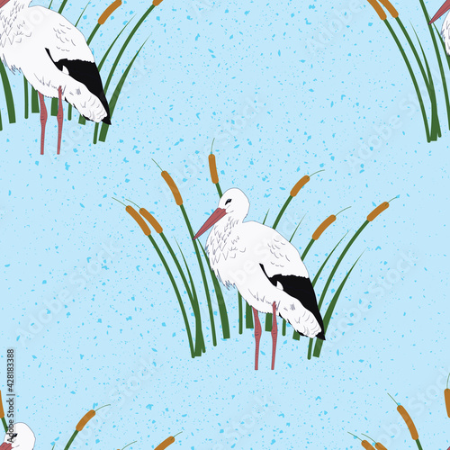 White Stork standing in water seamless pattern