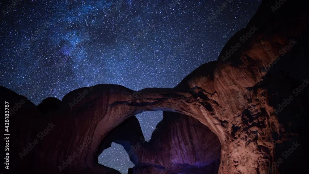 Double Arches Milky Way Galaxy Time Lapse Arches National Park Utah USA Double Arches Milky Way Galaxy Time Lapse Arches National Park Utah USA