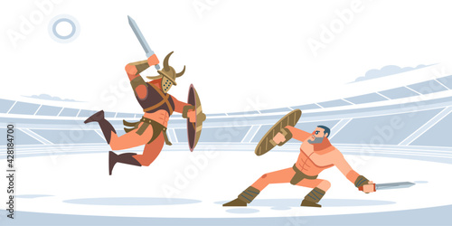 Spartan warriors fighting in gladiators arena. Gladiatorial fight. Thracian vs Spartacus. Vector isolated illustration. Flat cartoon style