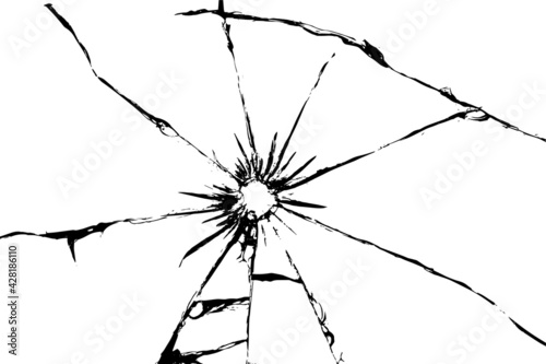 Shards of broken glass from a shot. Vector illustration of cracks on a white background.