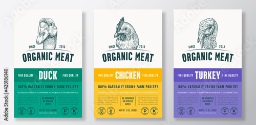 Organic Meat Abstract Vector Packaging Design or Label Templates Set. Farm Grown Poultry Banners. Modern Typography and Hand Drawn Chicken, Duck and Turkey Head Sketch Backgrounds Layout Collection © createvil