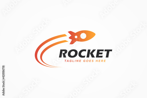 Modern Rocket Logo. Simple Flying Rocket with Speed Comet Waves isolated on White Background. Usable for Business and Technology Logos. Flat Vector Logo Design Template Element.
