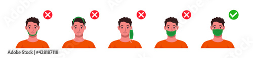 Correct ways to wear face mask. How to wear your mask properly. Mistakes people make when wearing mask vector illustration.