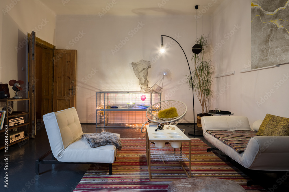 Fototapeta premium Eclectic living room with stylish lighting