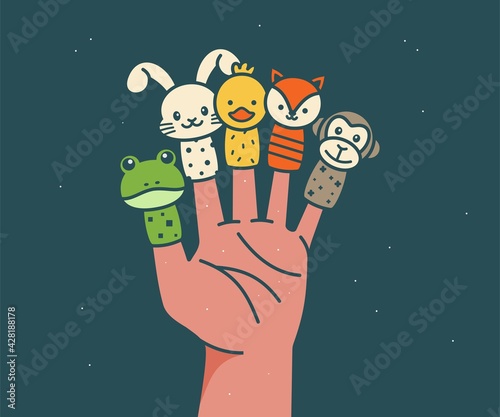 Hand wearing 5 finger puppets; frog, rabbit, duck, fox, monkey. Animal finger puppets vector illustration
