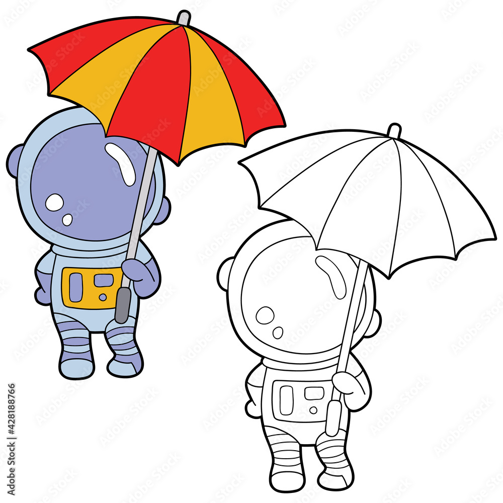 Vector illustration coloring page with cartoon astronaut with example