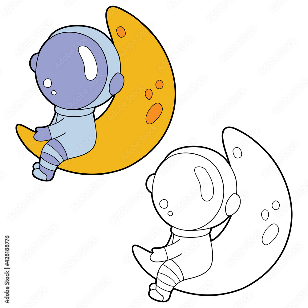 Vector illustration coloring page with cartoon astronaut with example