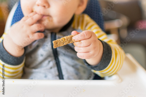 Toddler trying wheat toast with peanut butter; exposure to allergenic foods baby led weaning