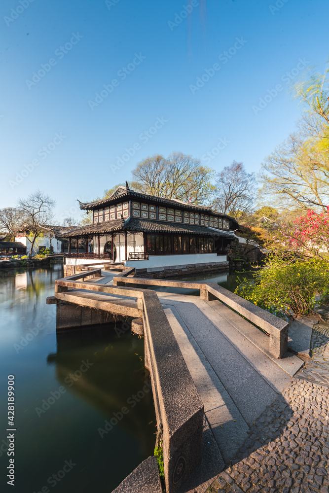 Architecture, buildings and landscapes of Suzhou Humble Administrator's Garden, the most famous Chinese classic garden in Suzhou, China