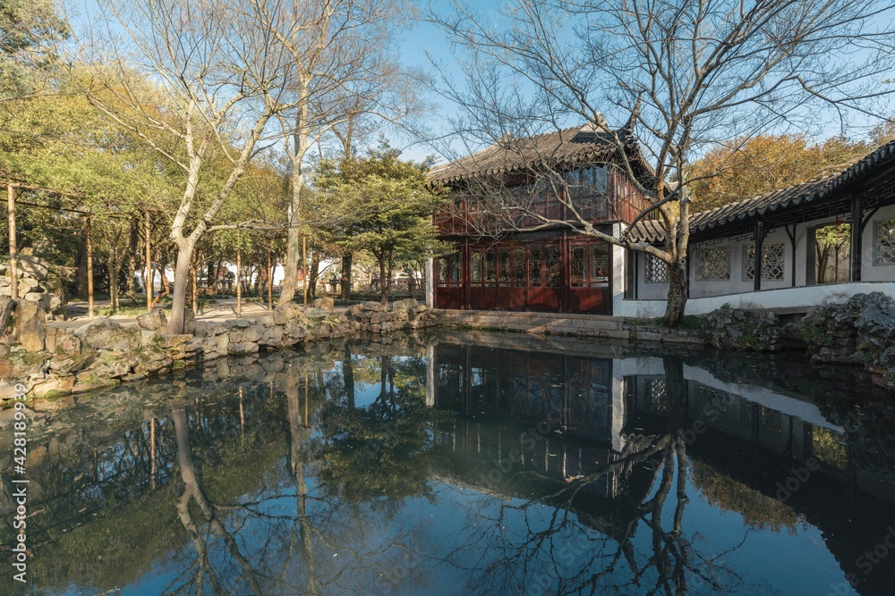 Architecture, buildings and landscapes of Suzhou Humble Administrator's Garden, the most famous Chinese classic garden in Suzhou, China
