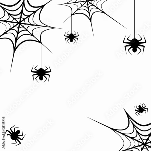 Spider web and little spiders on white background. Template, banner, frame, mock up. Vector illustration with space for text.