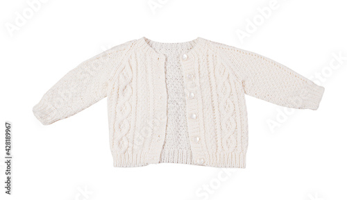 Baby wool cardigan isolated on white background, white wool handmade wear for toys and kids,