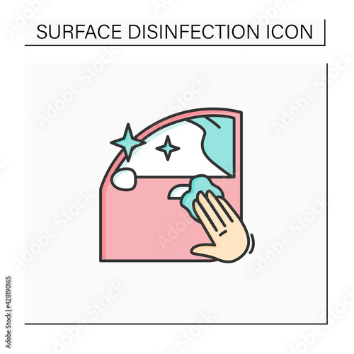 Car disinfection color icon. Taxi door and interior cleaning with antibacterial wipe linear pictogram. Concept of public transport and taxi service covid safety measures. Isolated vector illustration