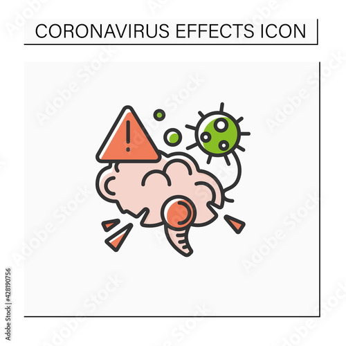 Brain damage color icon. Covid disease molecule attack brain. Concept of corona virus neurology symptoms danger, cerebral dysfunction and encephalopathy.Isolated vector illustration 