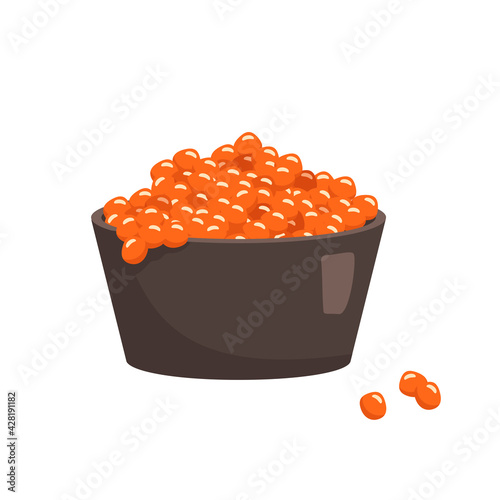 Red caviar in a plate icon. Delicious seafood for a holiday. Russian tradition. Small balls in a brown bowl
