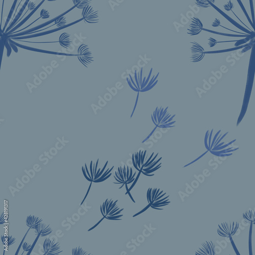 seamless pattern with hand-drawn blue with gradient dandelions on blue background. packaging, wallpaper, textile, kitchen, utensil, fashion design	
