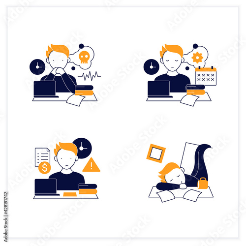 Procrastination flat icons set. Worrier, defier procrastinator, mess, late payments. Overwhelmed concept.Vector illustrations