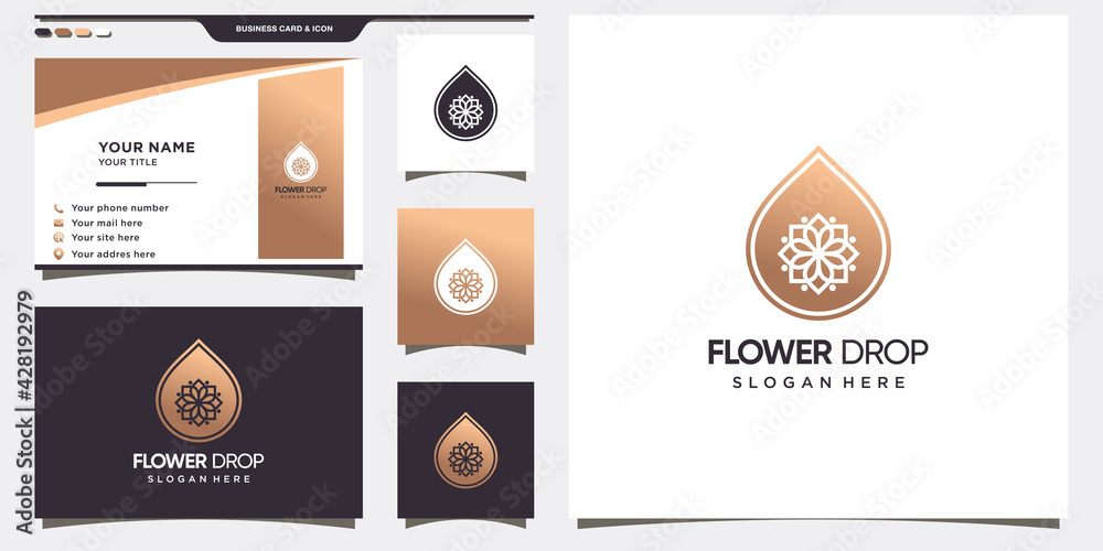 Flower drop logo with creative concept and business card design. Premium Vector