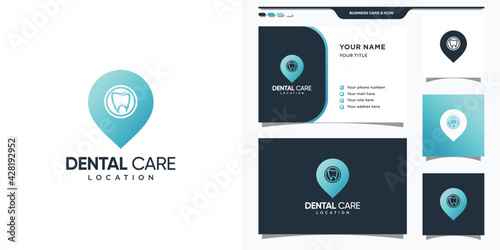 Dental logo with pin location concept and business card design. Premium Vector