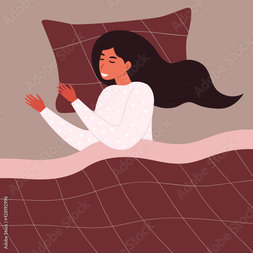 Flat vector cartoon illustration of a calm smiling woman sleeping on a bed. The concept of sleep and rest.
