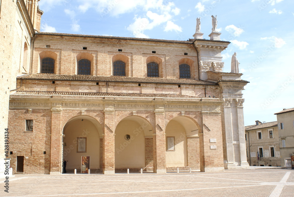 Urbino, Marche (Italy): detail of the portico on the right side of the cathedral 