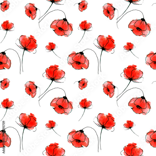 Sketchy poppies on white background seamless pattern hand drawn watercolor design