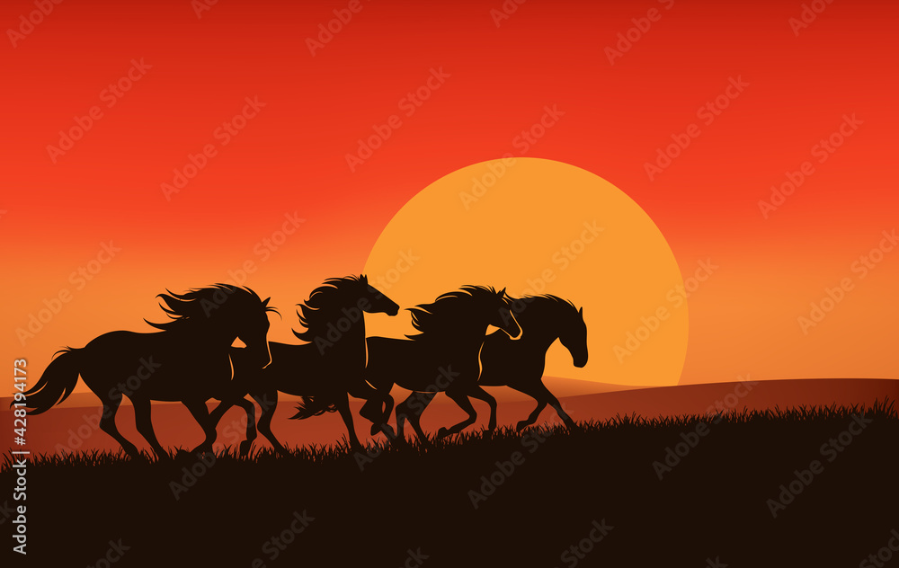 wild mustangs running across sunset prairie - horse herd silhouette against setting sun vector landscape wild mustangs running across sunset prairie - horse herd silhouette against setting sun vector landscape