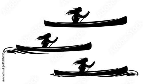 beautiful native american woman rowing in traditional canoe - indian girl, pirogue boat and water wave  black vector silhouette set photo
