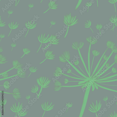 seamless pattern with hand-drawn green neon dandelions on gray background. packaging, wallpaper, textile, kitchen, utensil, fashion design	
