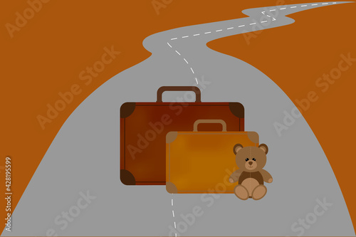 Two old suitcases and a teddy bear on the road that goes into the distance. Journey. Separation.