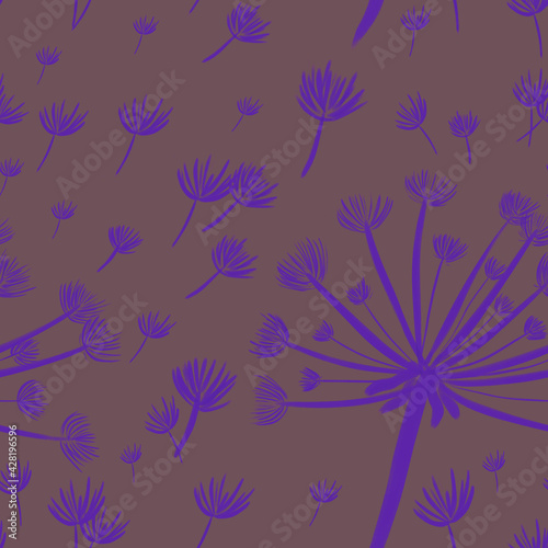 seamless pattern with hand-drawn neon purple dandelions on brown background. packaging, wallpaper, textile, kitchen, utensil, fashion design	
