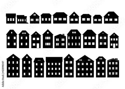 Houses, homes and buildings silhouette row clipart of  in small town or village street. Black and white 