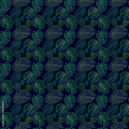 Seamless vector endless pattern tropical monstera leaves dark background