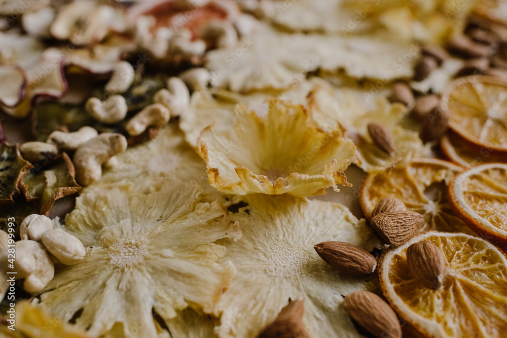 dried fruits for decoration, sweets, nuts are laid out on a flat surface dried fruits for decoration, sweets, nuts are laid out on a flat surface