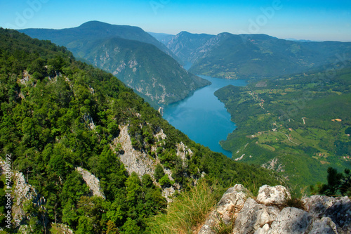 Amazing aerial view of national park Tara, Zaovine and Perucac lake and canyon of Drina river in Serbia from viewpoint Banjska Stena