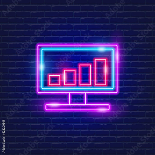 Computer with graph neon icon. Vector illustration for design website, advertising, promotion, banner. Business concept.