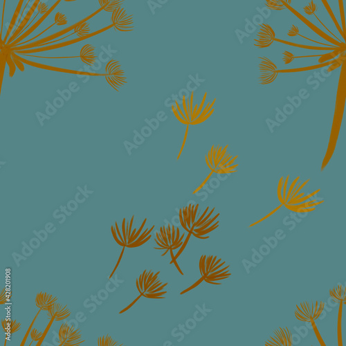 seamless pattern with hand-drawn yellow with gradient dandelions on blue background. packaging, wallpaper, textile, kitchen, utensil, fashion design	
