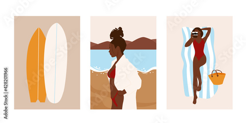 Set of abstract summer beach postcard. Collection of trendy faceless female posters. Modern vector illustration isolated on white background