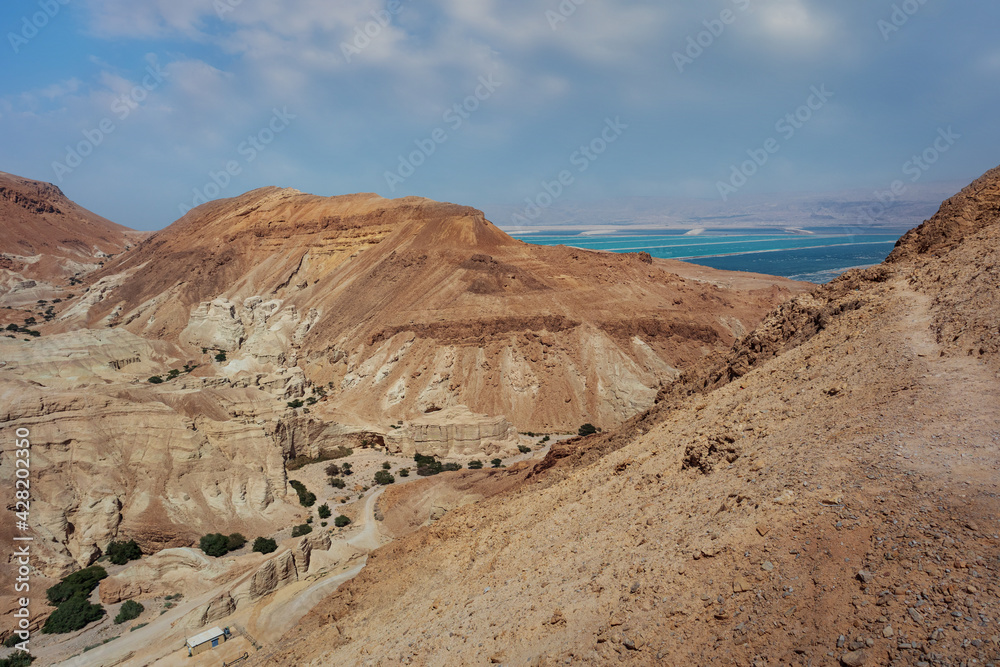 Panorama of the Nahal Zohar and the Dead Sea in Judean desert.