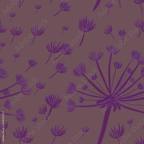 seamless pattern with hand-drawn purple with dandelions on gray background. packaging, wallpaper, textile, kitchen, utensil, fashion design