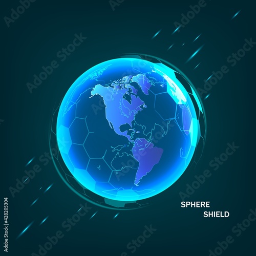 Earth space globe planet with blue ray. Vector image in the form of Globe with starry sky  consisting of points  lines  and shapes ozone shield