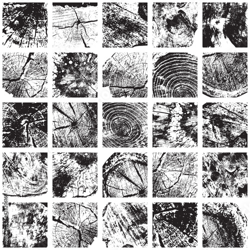 Abstract seamless pattern with square black imprints of wood saw cuts and cross-sections on a light backdrop. Monochrome vector background consisting of various timber textures in grunge style.