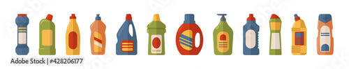 Cleaning products set, colorful bottles of various shapes. Cleaning of premises, houses, rooms. Household chemicals. Soap, gel. Vector illustration in flat cartoon style, isolated on white background	