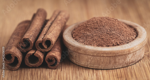 Fresh aromatic cinnamon with ground spice