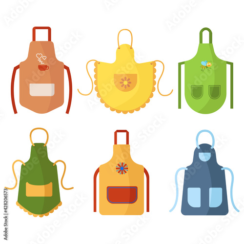 Cozy Colorful Kitchen Aprons with patterns, isolated on white background. Protective garment. Cooking dress for housewife, Barista or chef of restaurant. Vector illustration in cartoon style 