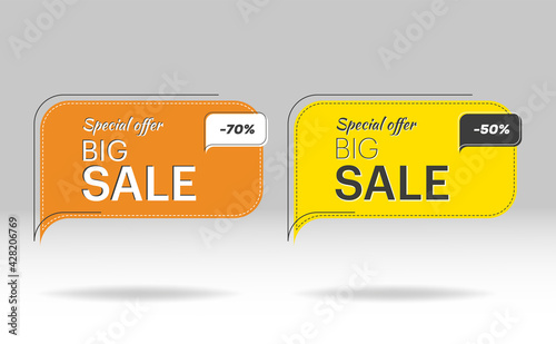 Vector banner with rounded corners on the leg for mega big sales. Yellow tag templates with special offers for purchase, strokes, and elements.