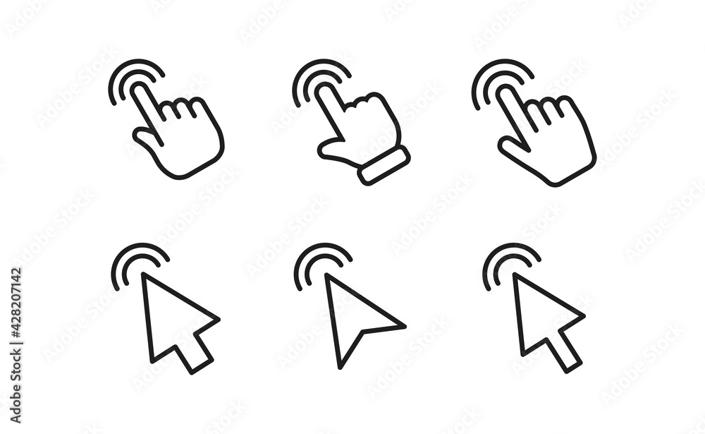 Arrow and hands click icons. Pointer vectors clicking. Arrow and hands click icons. Pointer vectors clicking.