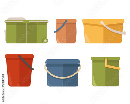 Colorful plastic buckets of different shapes, isolated on white background. Household bucket for washing floors, windows, and rooms. Garbage container. Mop Bucket. Vector illustration. Flat style 