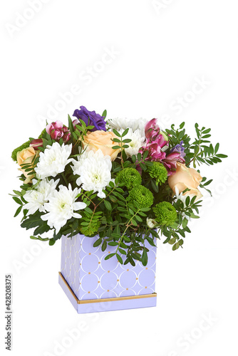 Wallpaper Mural Bouquet a composition of flowers from roses grysanthemums green decor in a square box on a white isolated background Torontodigital.ca