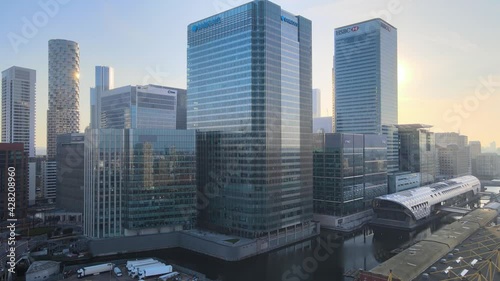 Offices in the financial hub of Canary Wharf at Canada square HSBC, CITI, JP Morgan, KPMG and Barclays buildings aerial.